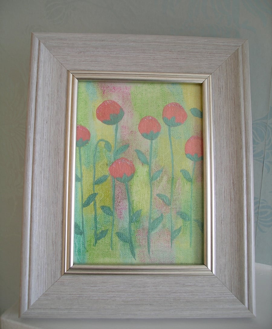 Pink Glittered Flowers Painted Canvas, Framed