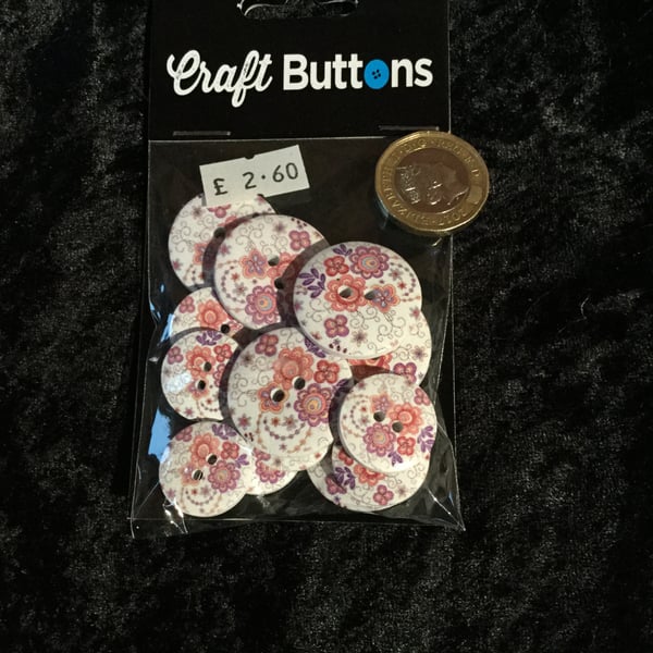 Craft Buttons Pink Purple Flower Pattern (N.20)
