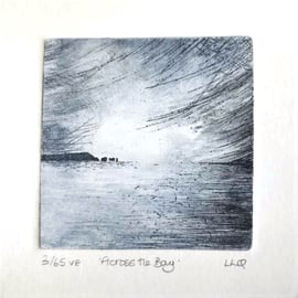 Coastal etching print across the bay the Needles Isle of Wight original etching