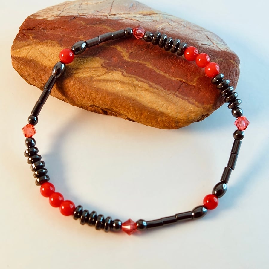 Red Bamboo Coral & Hematite Bracelet With Swarovski Crystals - Handmade In Devon