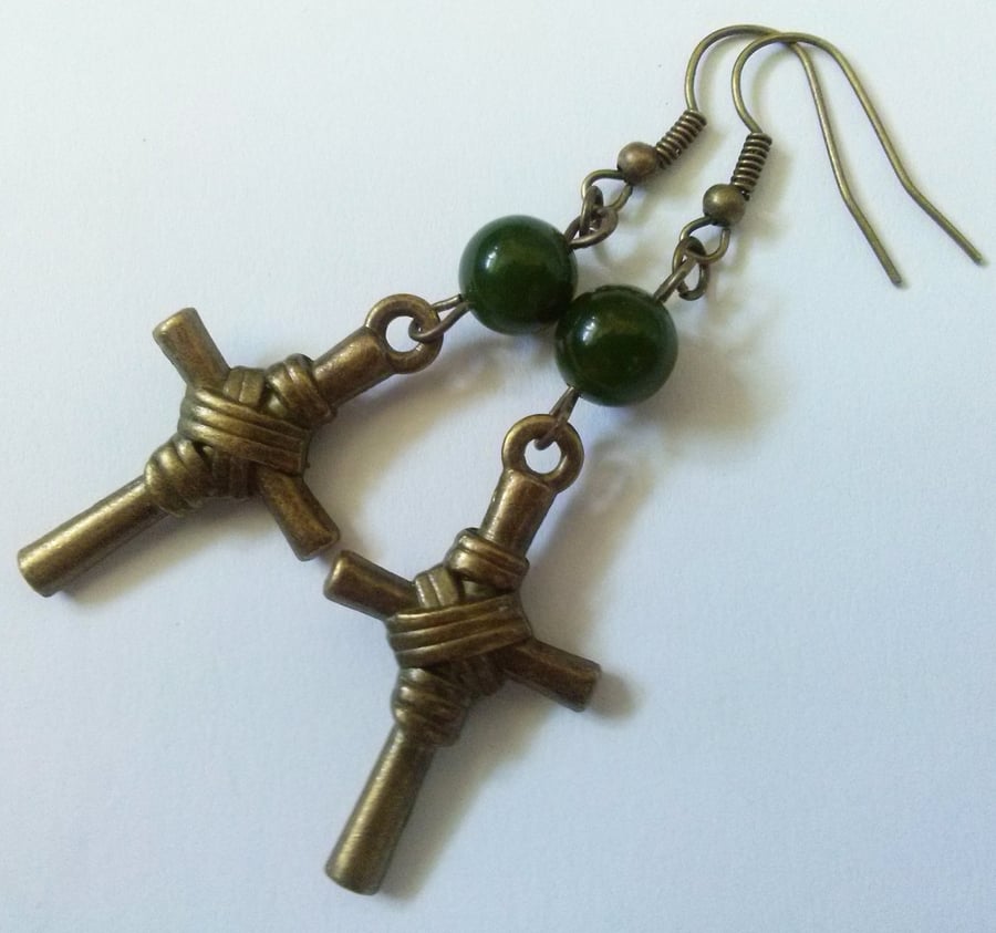 Bronze Green Agate Cross Tribal Drop Dangle Boho Bohemian Earrings