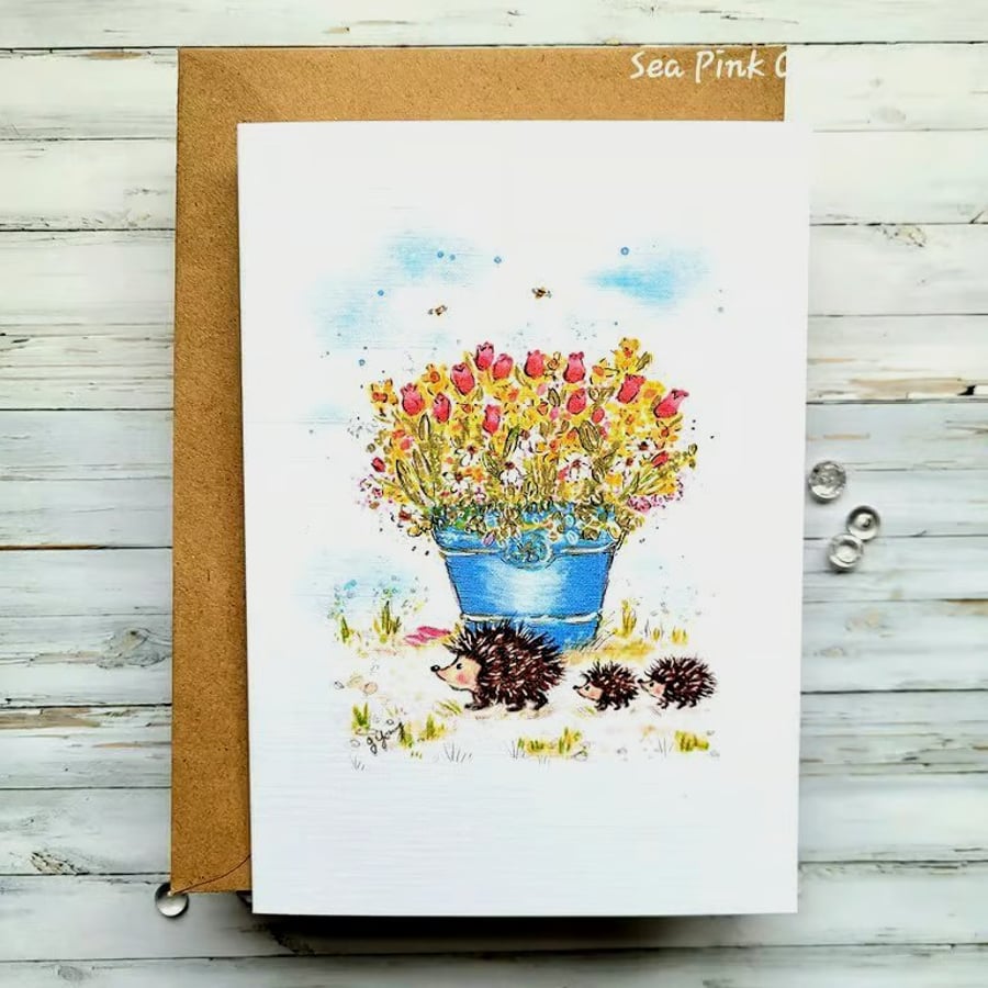 Easter Card - spring, hedgehogs, flowers, blank 