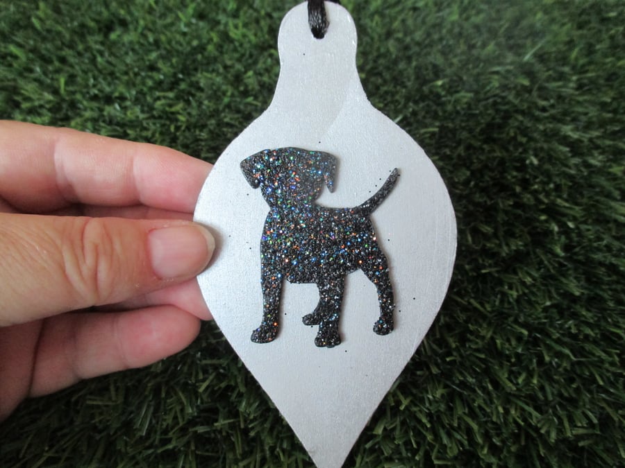Puppy Dog Christmas Tree Bauble Hanging Decoration Silver Glitter Twinkly 