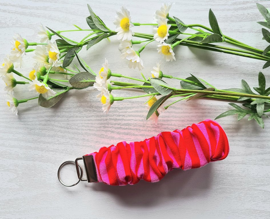 Wristlet Keychain, Red and Pink Scrunchie Style Soft Cotton Fabric Key Fob