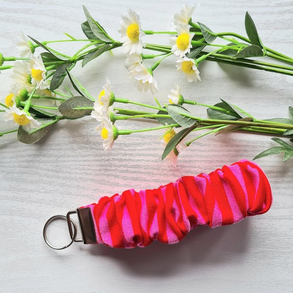 Wristlet Keychain, Red and Pink Scrunchie Style Soft Cotton Fabric Key Fob