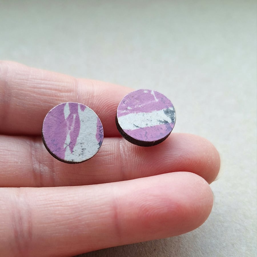 Pink, white and grey hand printed wooden disc stud earrings