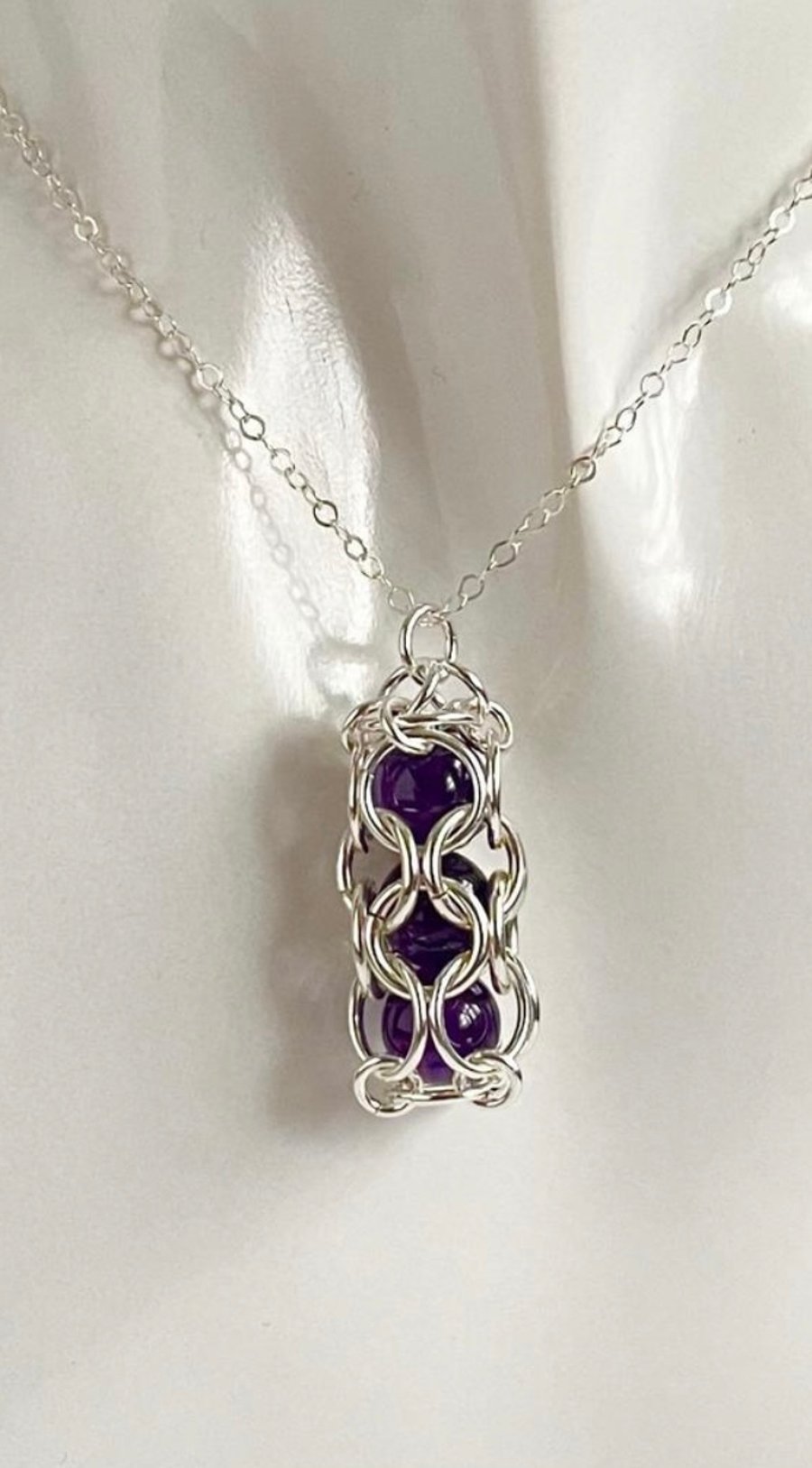 Captured Gemstone Chainmaille Amethyst Pendant