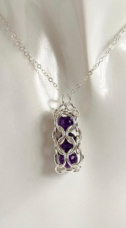 Captured Gemstone Chainmaille Amethyst Pendant