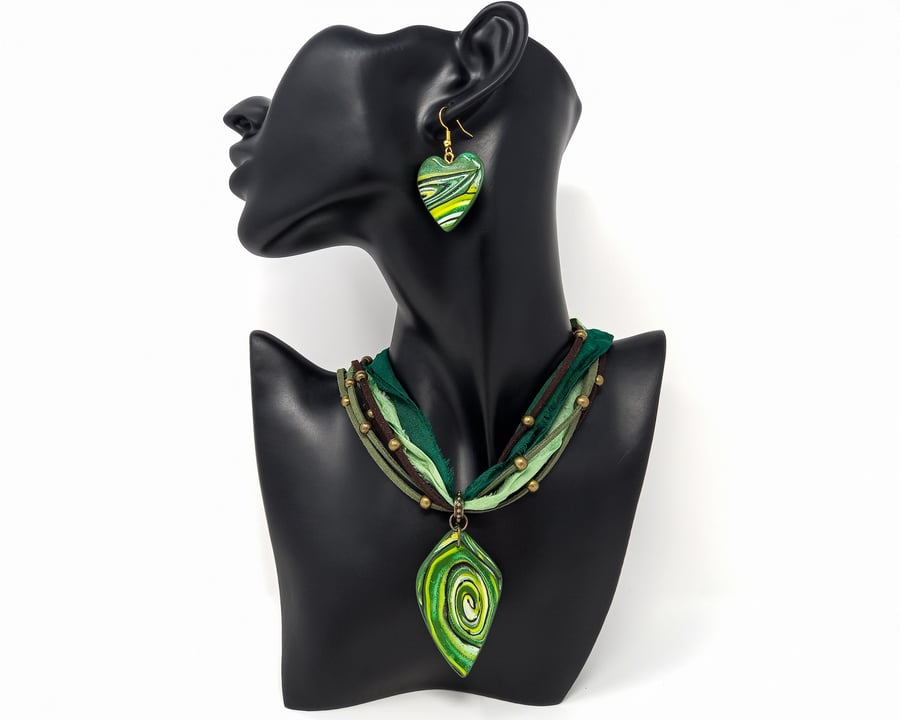 SALE - Woodland green silk scarf necklace with psychedelic leaf pendant