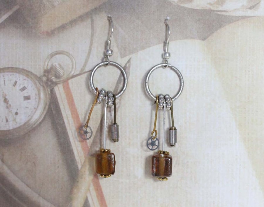 SALE Steampunk Dieselpunk Dangle Hook Silver Earrings