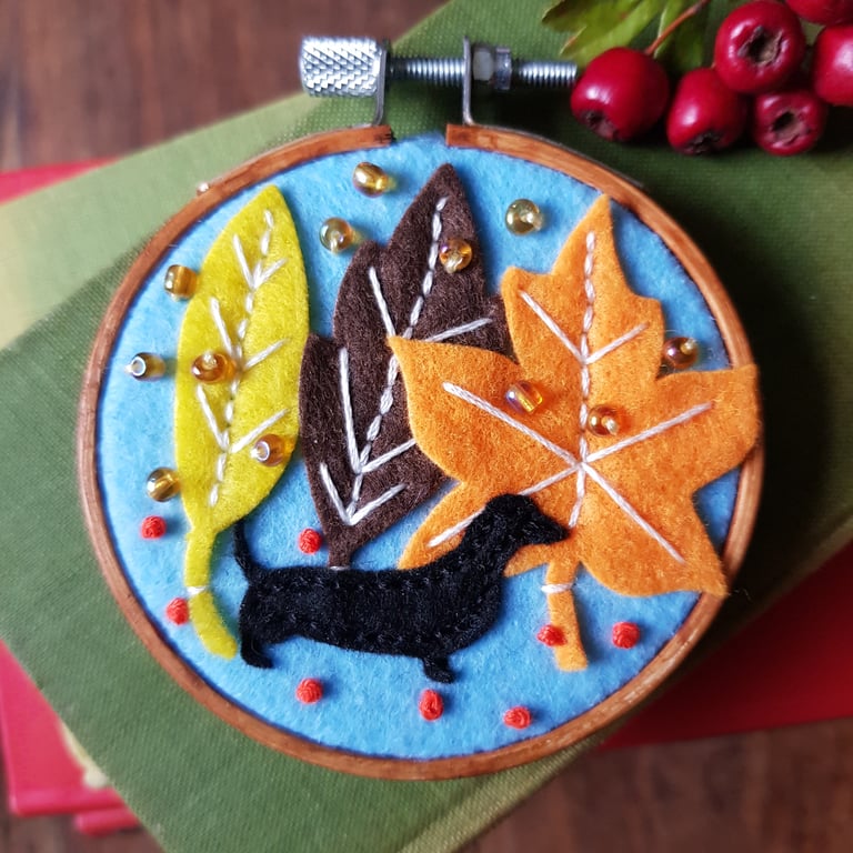Autumn leaves and sausage dog- small wall hanging 