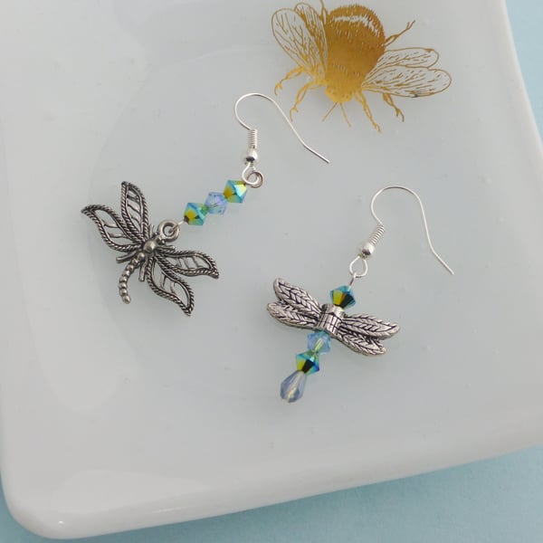 Mismatched Iridescent Dragonfly Earrings