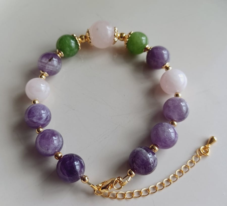 Amethyst, rose quartz and aventurine beaded bracelet with adjustable chain
