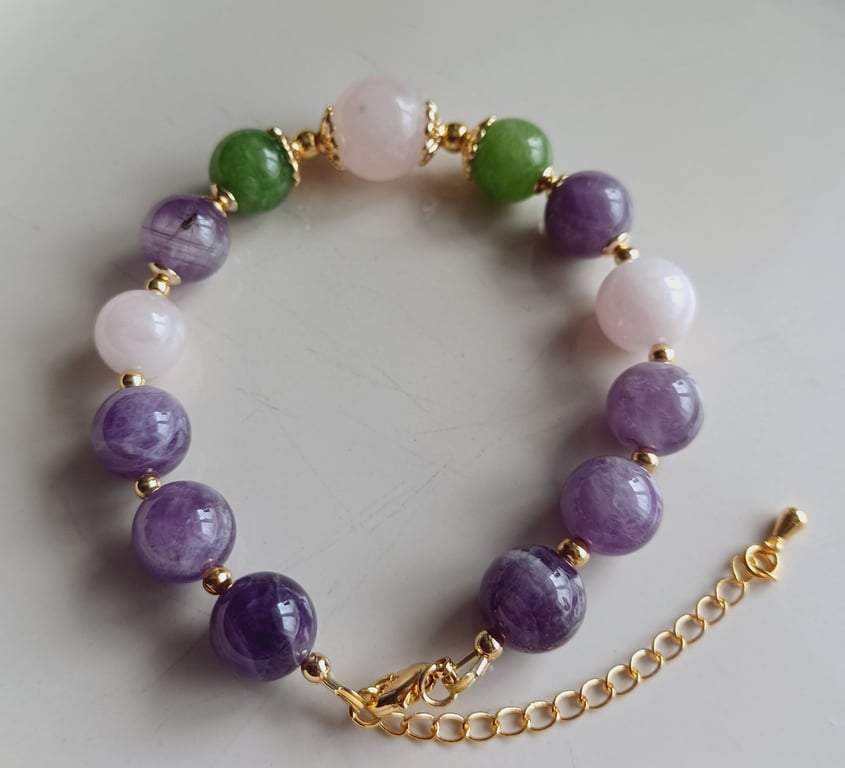 Amethyst, rose quartz and aventurine beaded bracelet with adjustable chain