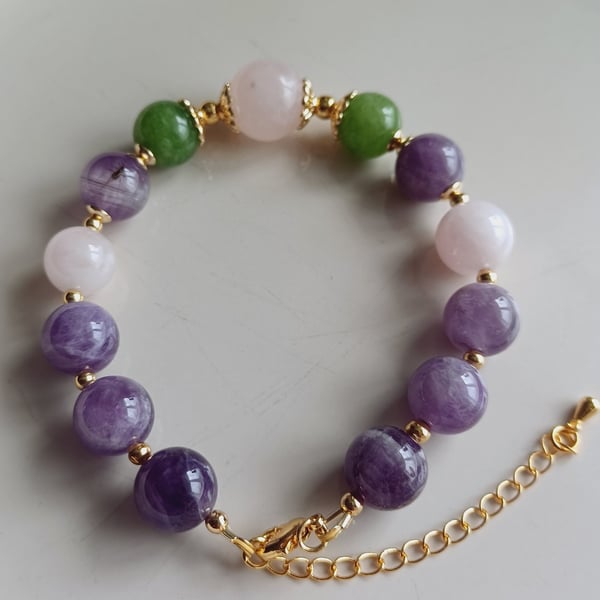 Amethyst, rose quartz and aventurine beaded bracelet with adjustable chain