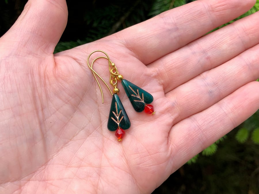 Czech Glass Christmas Tree Earrings. Boho Beaded Dangly Earrings. 