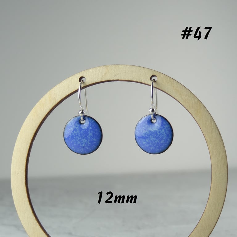 Sterling silver blue disc shaped glass enamelled copper drop earrings, 12mm