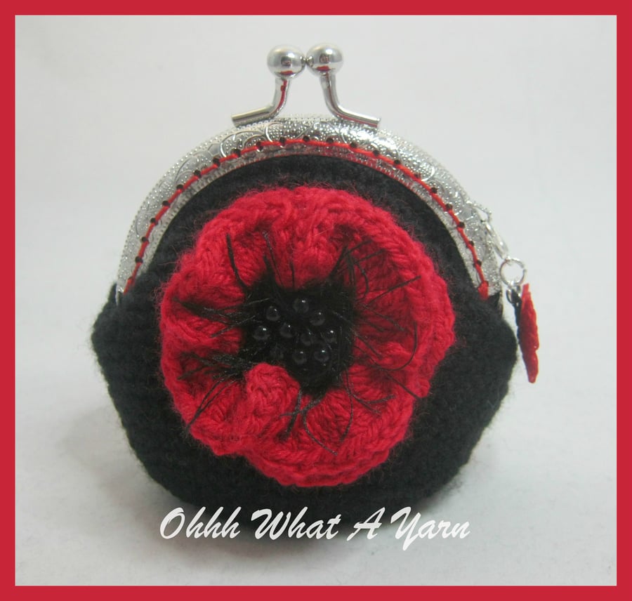 Black and red crochet, crocheted poppy coin purse