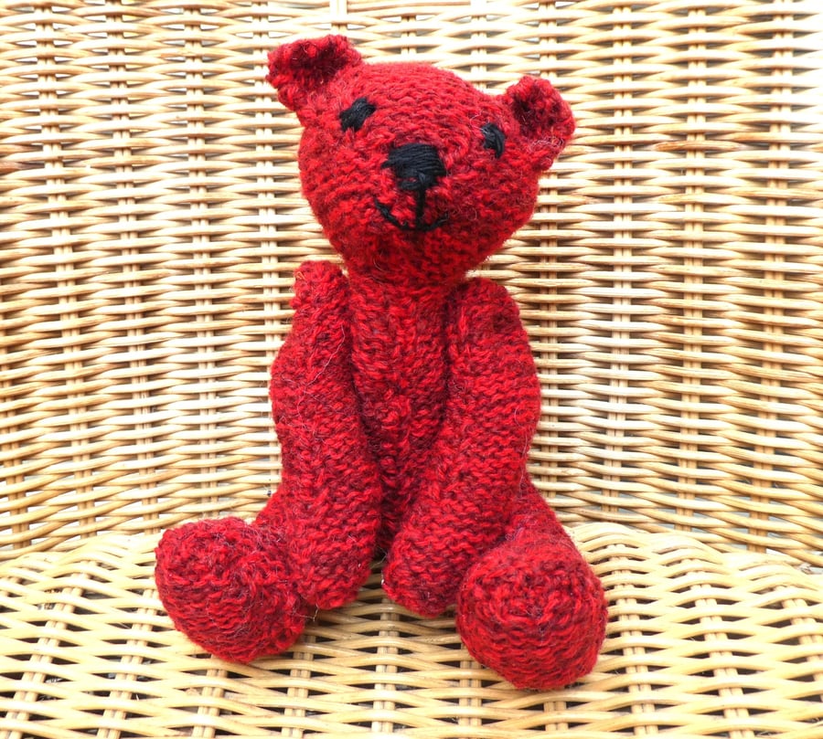 Handmade 8" Red Teddy Bear Knitted in 100% Wool