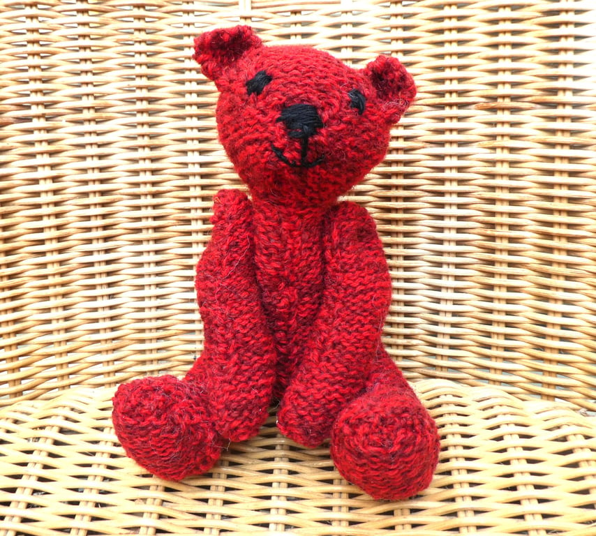 Handmade 8" Red Teddy Bear Knitted in 100% Wool