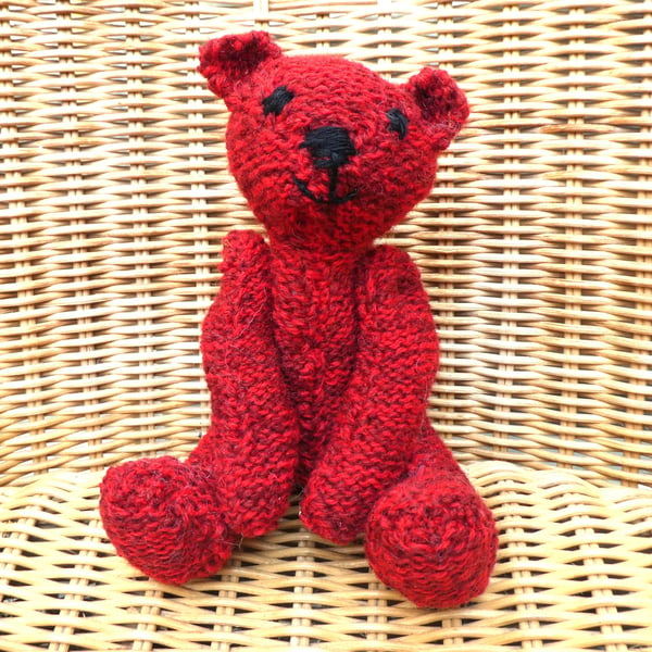 Handmade 8" Red Teddy Bear Knitted in 100% Wool