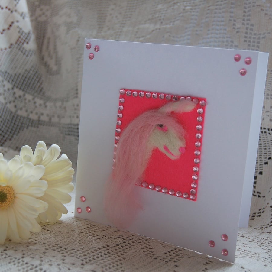 Unicorn card, Birthday card,   Needle felt  unicorn, wool card
