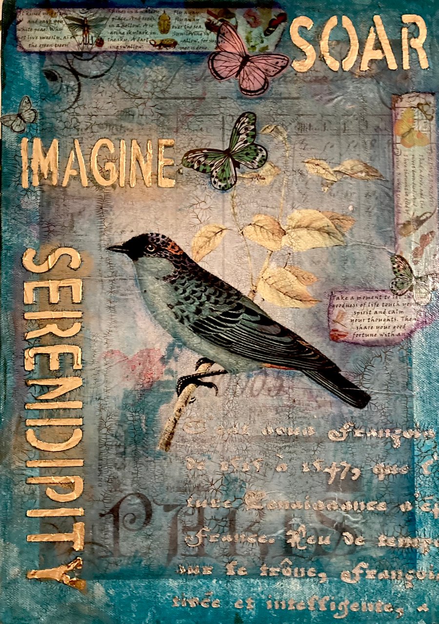 Beautiful Serendipity Bird Original Mixed Media On Canvas Board 