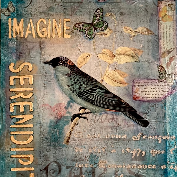 Beautiful Serendipity Bird Original Mixed Media On Canvas Board 