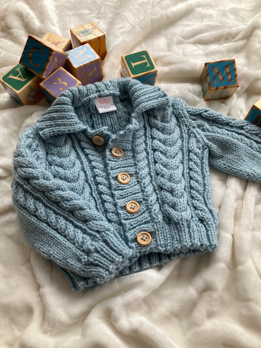 Hand Knitted ‘Joseph’ Baby Boy’s Cable Knit Cardigan (0-3 months)