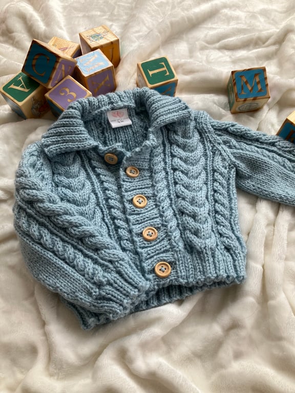 Hand Knitted ‘Joseph’ Baby Boy’s Cable Knit Cardigan (0-3 months)