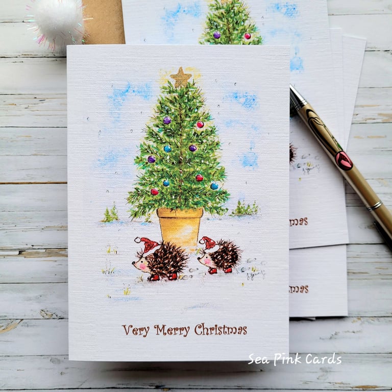 Christmas Cards - Christmas Tree, Hedgehogs - Set of 4 original christmas cards