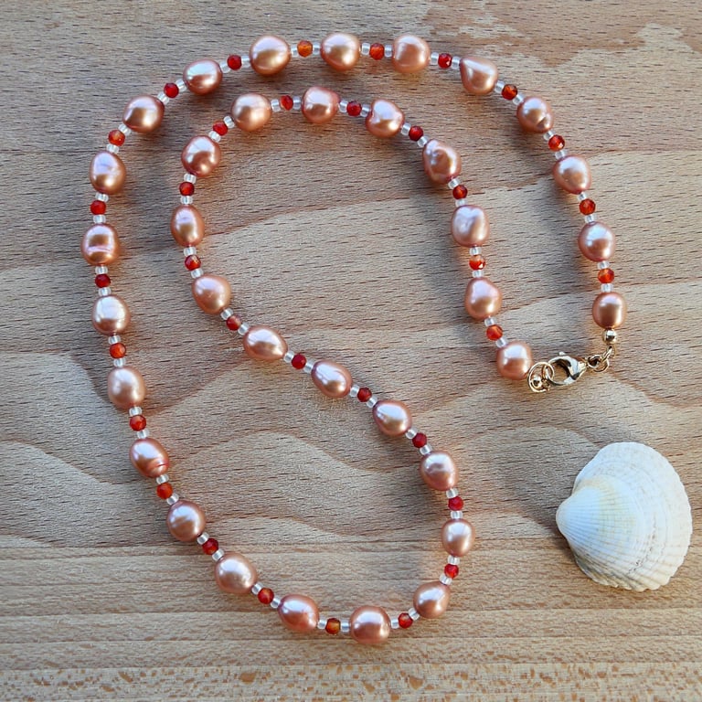 Copper Pink Baroque Pearl and Carnelian Bead Necklace - 14k Gold Filled Clasp