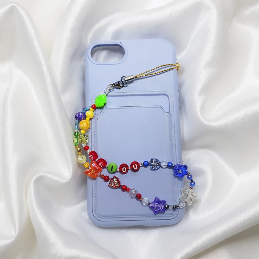 Rainbow Beaded Phone Strap – AIEOU Letter Charm