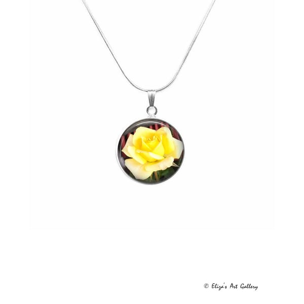 Silver Plated Yellow Rose Flower Cabochon Necklace