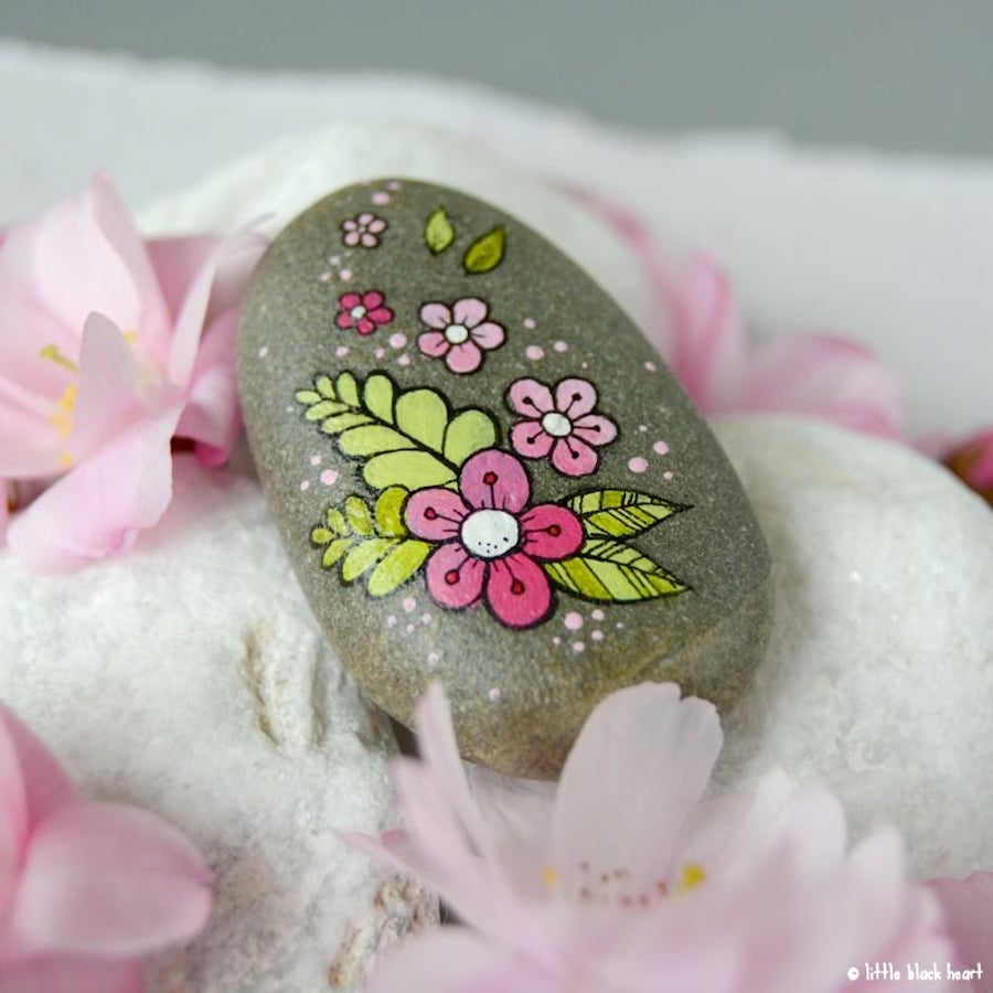 fern and flowers - painted pebble