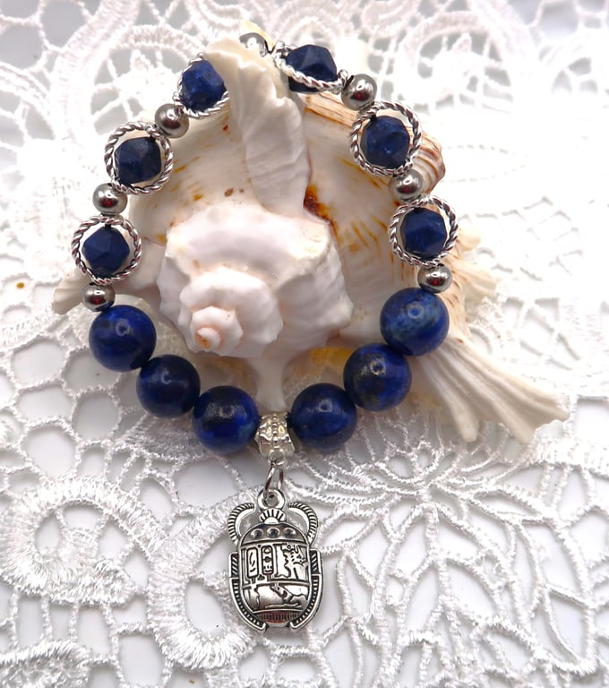 Lapis Lazuli Stretch Bracelet with Egyptian Scarab Charm