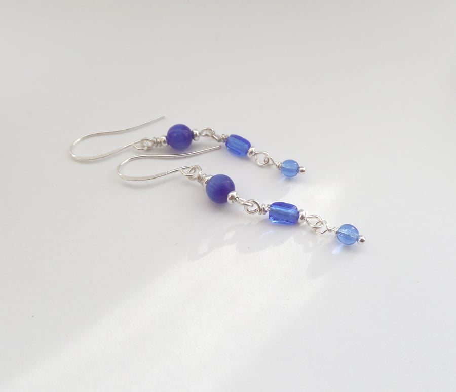 Cobalt Blue Silver Earrings, Long Dangle Earrings