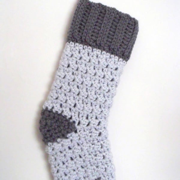 crocheted christmas stocking in grey