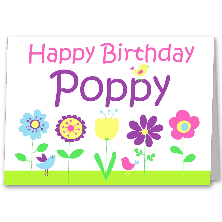 Personalised Flowers and Bird Birthday Card.