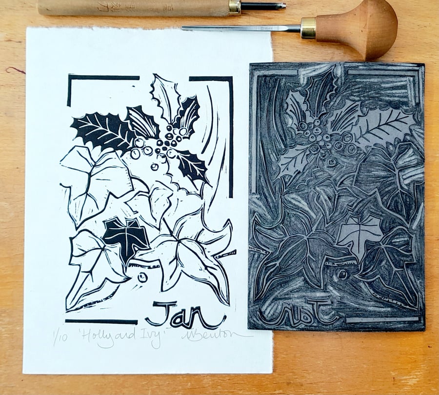'Holly and Ivy', Lino Print in Black on Hosho Paper