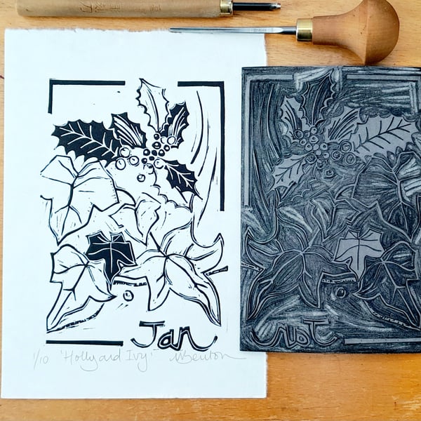 'Holly and Ivy', Lino Print in Black on Hosho Paper