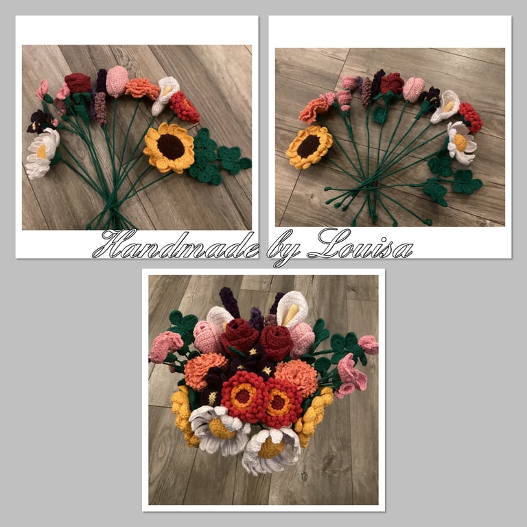 Crocheted flowers with wired stems