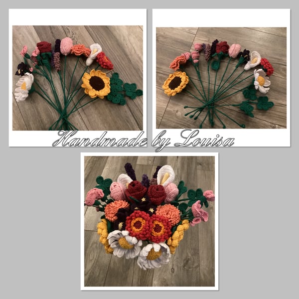Crocheted flowers with wired stems