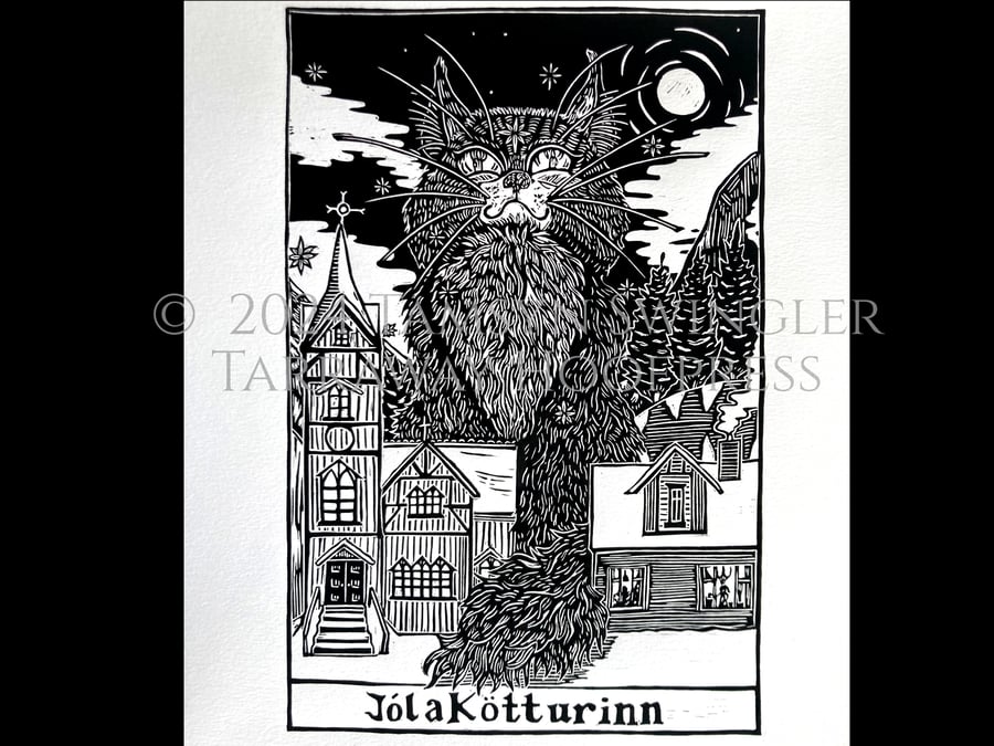 Jolakötturinn - Yule Cat - Original Lino Print, Black & White, Limited Edition