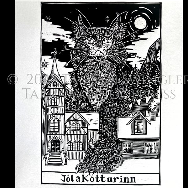 Jolakötturinn - Yule Cat - Original Lino Print, Black & White, Limited Edition