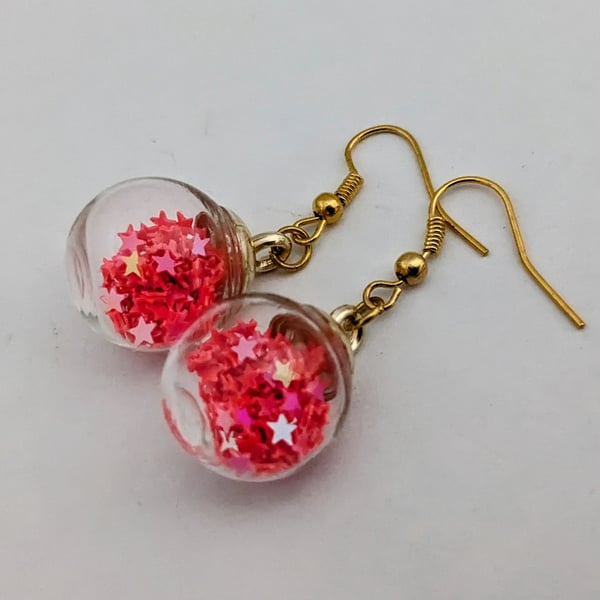 Glass Christmas bauble earrings - pink stars
