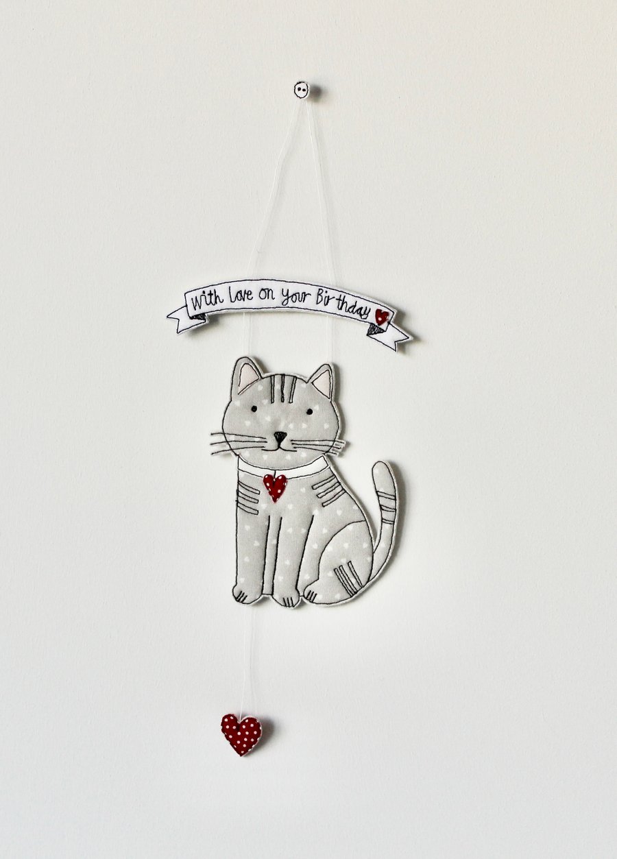 'With Love on your Birthday' Smiling Cat 1 - Handmade Hanging Decoration
