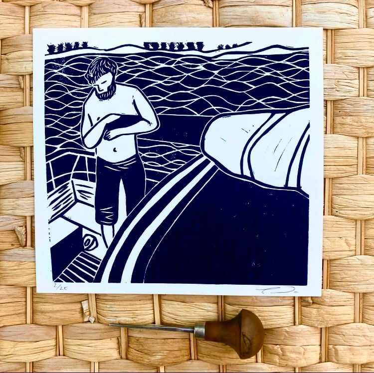 Nautical print, sailing Lino print, blue print, original art, wall art