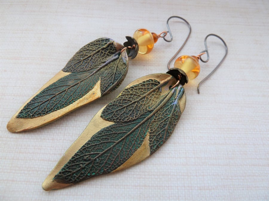 copper, polymer leaf and amber lampwork earrings