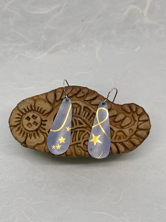 Blue drops with gold stars recycled tin earrings with silver